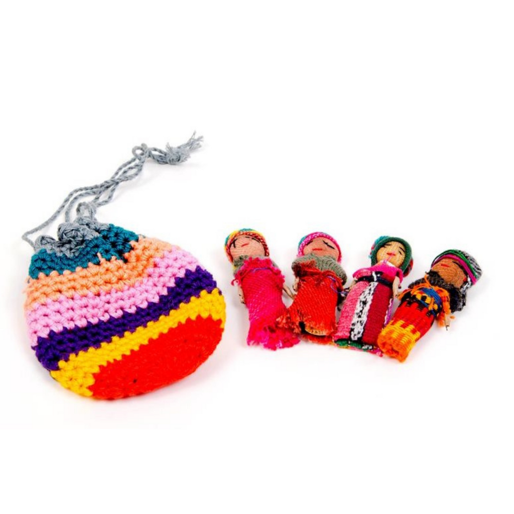 Worry Doll Crochet Pouch with Four Dolls - Guatemala